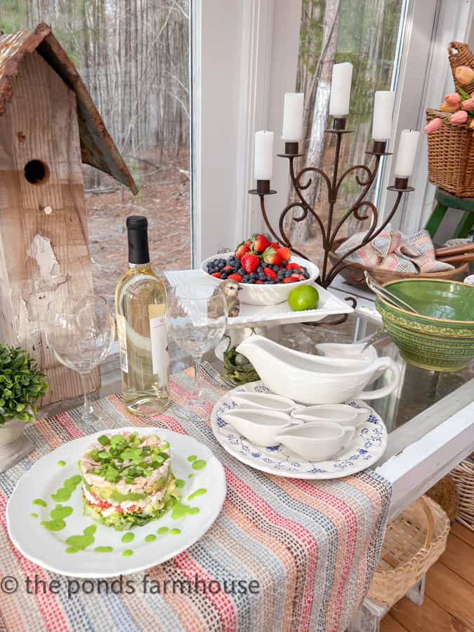 Items for Salad Bar in Greenhouse with Cobb Salad Stack and Fresh Fruit with wine.  