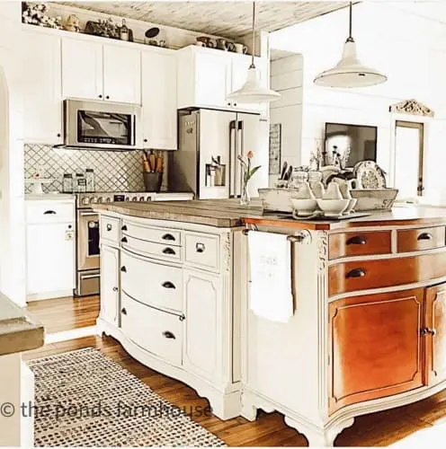 Two Antique sideboards are repurposed for a Kitchen Island in Modern Farmhouse. 