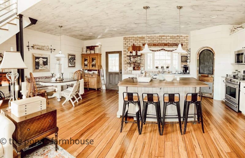 Modern Industrial Farmhouse with open floor plan.  Kitchen with DIY Island, DIY pantry Door and Shiplap wall.