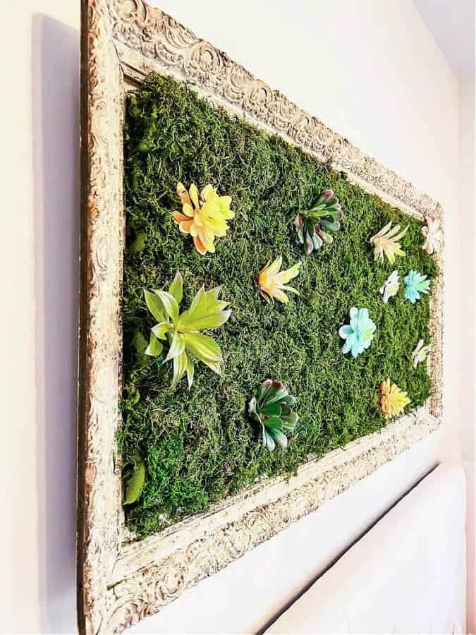 Add pool noodles to an old picture frame and add sheet moss and succulents for art in a teens bedroom.