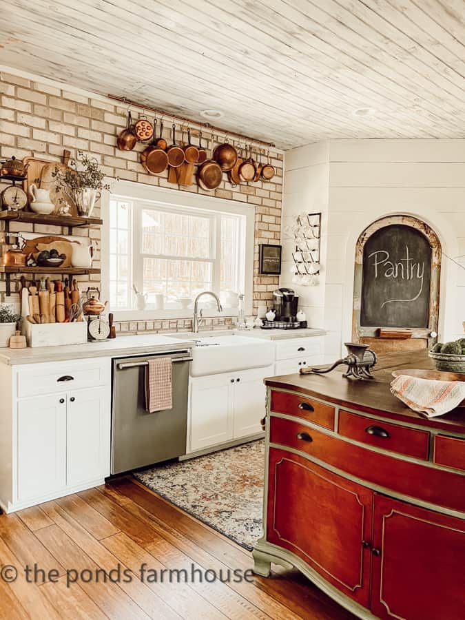 Country Chic Spring Decorating Ideas for Farmhouse Kitchen with DIY Kitchen Island and DIY Copper Pot Hanger