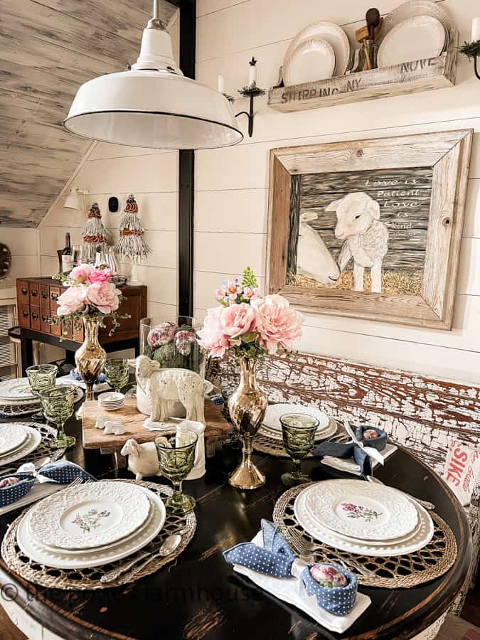 Easter Tablescape with thrift store tableware and DIY bunny Ear Napkins.  Peonies and Lambs