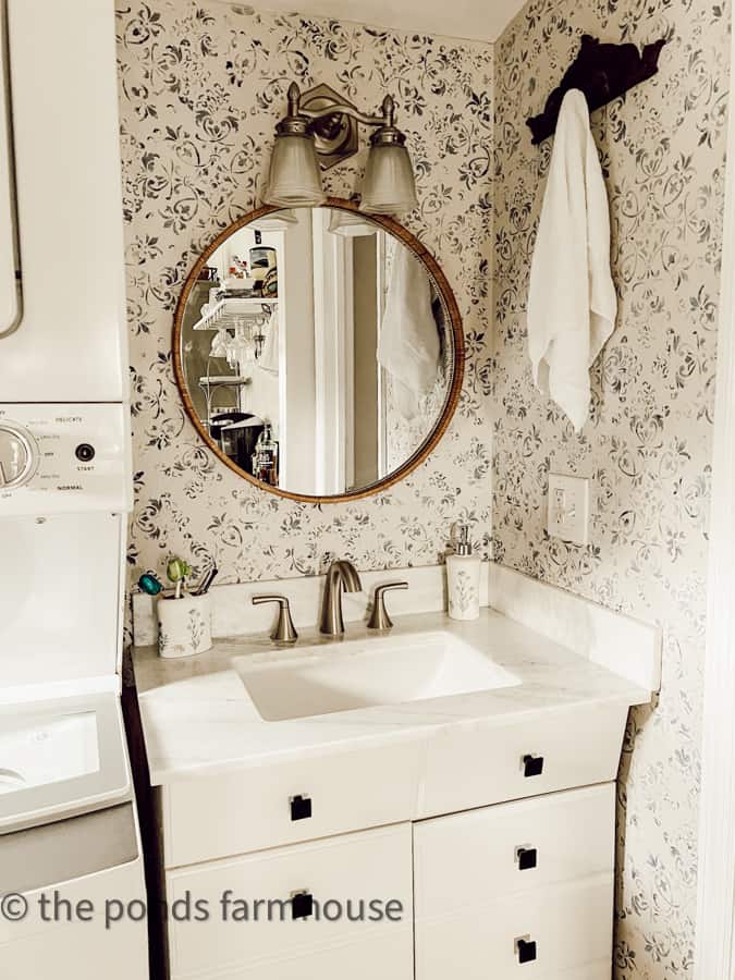 After Small bathroom makeover with faux wallpaper in blue and white.  Dirt Road Adventures Daylight Savings Time Inspiration.