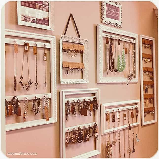 Upcycle old picture frames into creative jewelry holders for a great organizing tip. 