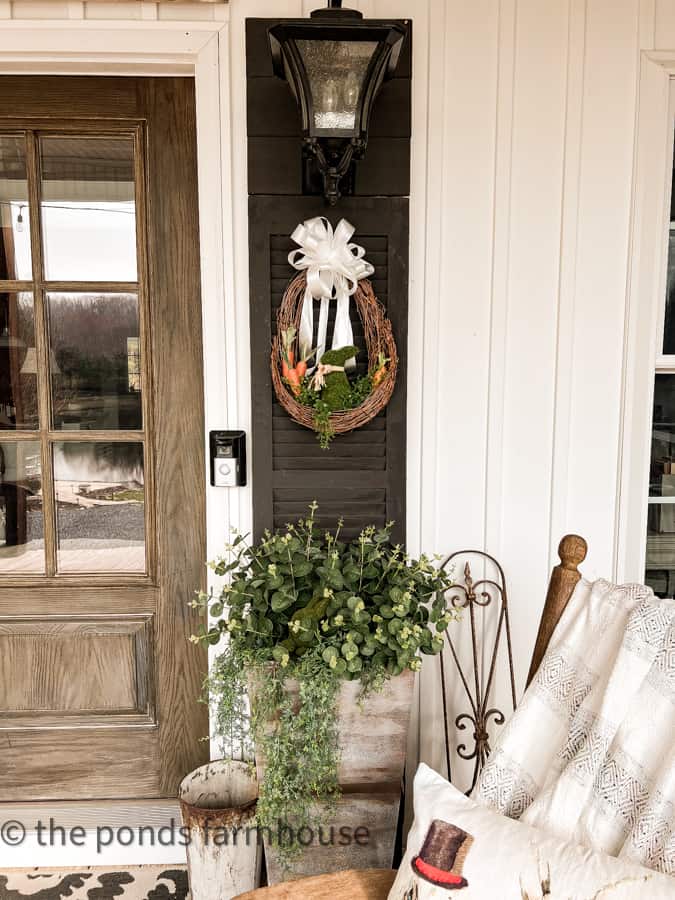 DIY Door Shutters, DIY Easter Wreath, DIY Faux Galvanized Planters with Greenery - Easter Outdoor Decor.