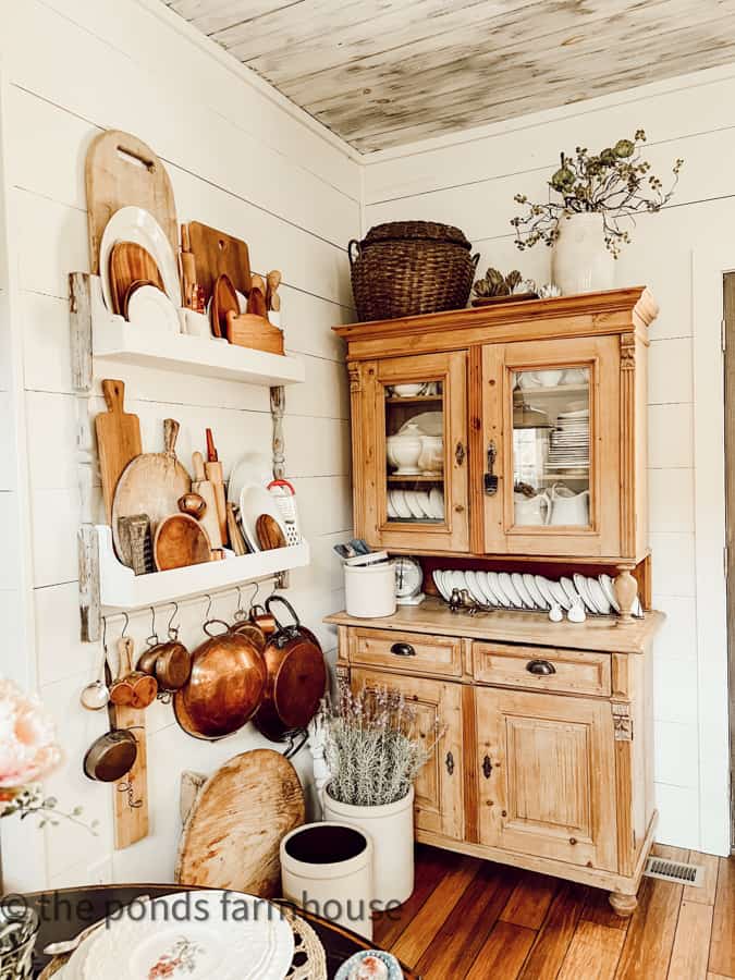 Kitchen corner with antique pine hutch and DIY plate rack for Modern Farmhouse Country Chic Style.