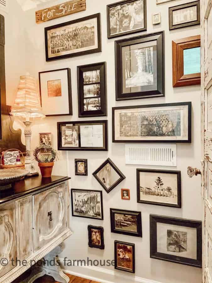 How to Use Old Family Photos for a Gallery Wall with inherited images for a powder room wall.