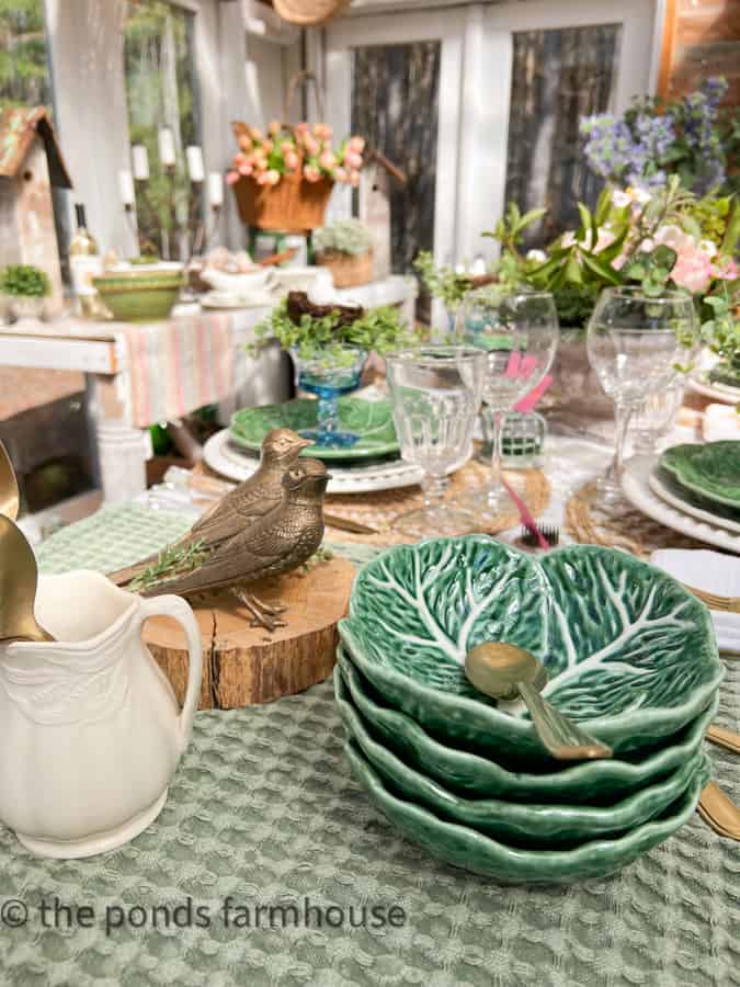 Ideas for Spring Fling Table with brass vintage bird salt and pepper shakers and cabbage bowls.  