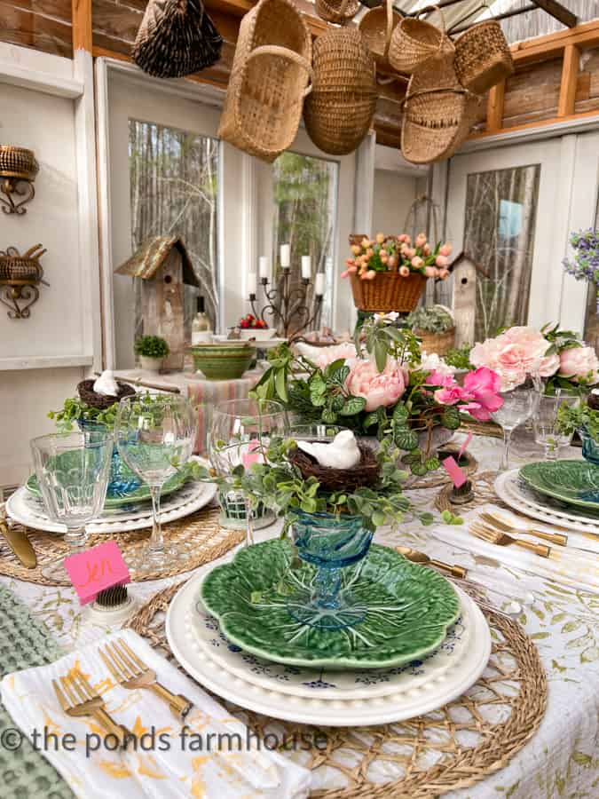 Spring Tablescape with vintage garden charm in greenhouse for Spring Fling Salad Bar Dinner Party