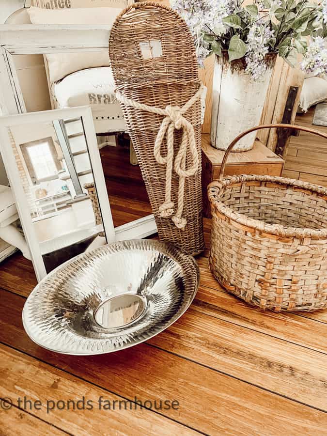 Weekly Thrift store finds - woven baskets and mirror with silver tray