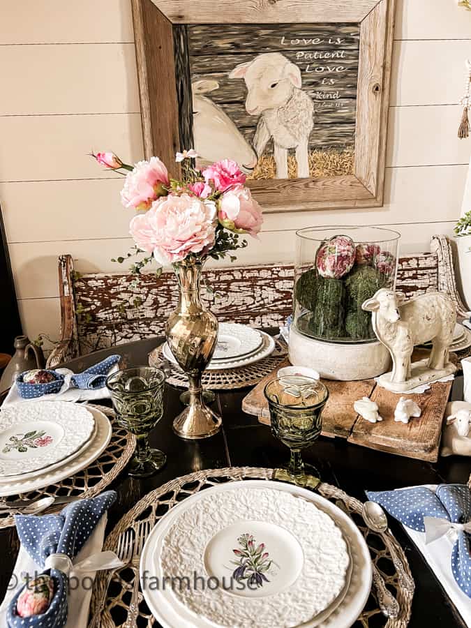 Thrift Store Flower Dishes and silverware great table Easter Decoration for a budge friendly table setting.