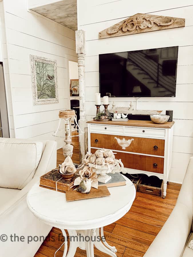 Mix of woods and whites for a Spring Country Chic Farmhouse Furniture makeover.  