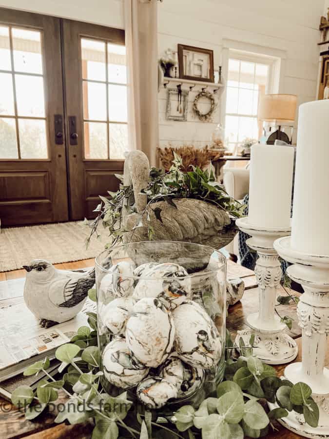 Centerpiece for Coffee Table with concrete swan and decoupage eggs for Country Chic Spring Home Tour.