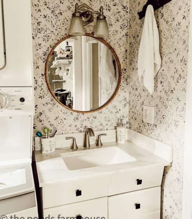 New-Vanity-Top-and-sink-with-faux-wallpaper-and-new-mirror-in-Small-Bathroom-Remodel-