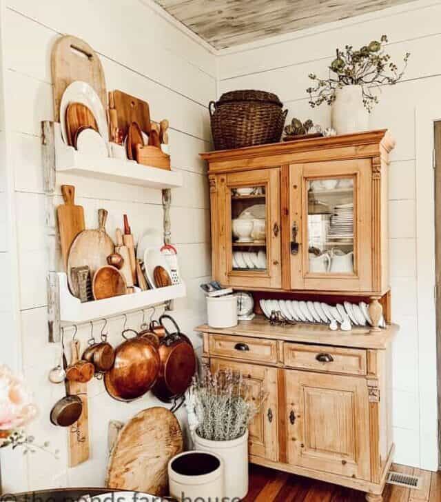 Plate-Rack-and-Pine-Hutch-with-bread-boards-copper-and-ironstone.