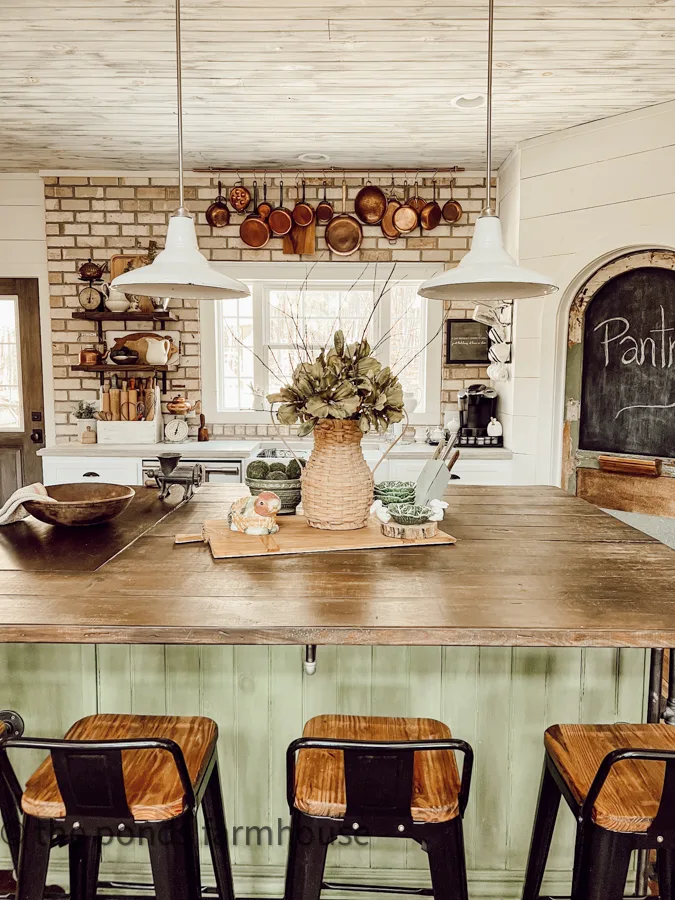 DIY kitchen Island painted green for Country Chic pop of color in a neutral kitchen. 