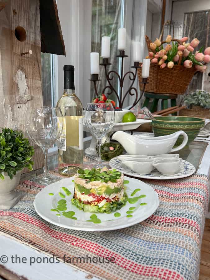 Items for Salad Bar located inside the greenhouse with Cobb Chicken Salad Stack as main dish.