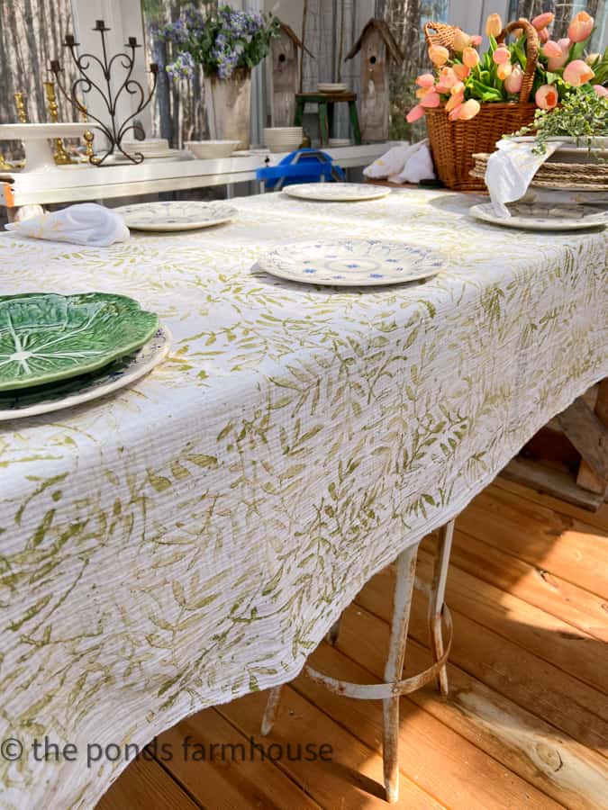 Leaf Custom Tablecloth on Greenhouse Table for a Spring Dinner Party in the She Shed.