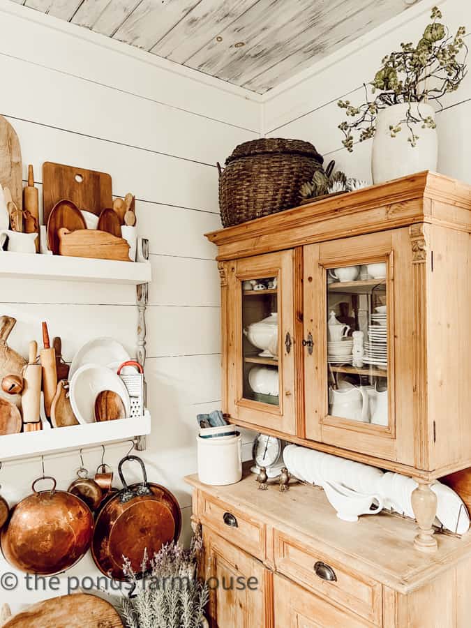 Antique vs. Vintage Finds in modern farmhouse kitchen.  Copper and ironstone.