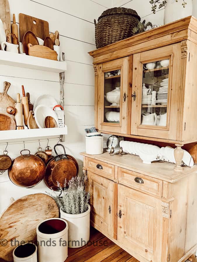 Antique Furniture - Pine Hutch with ironstone dishes, DIY plate rack with copper, and breadboards.  