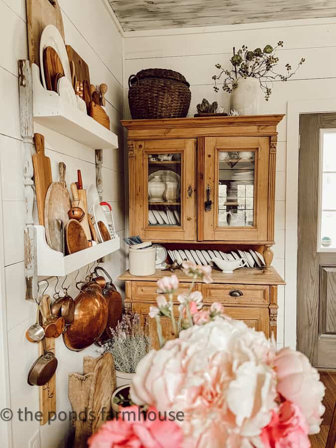 Antique Furniture - Pine Hutch with ironstone dishes, DIY plate rack with copper, and breadboards with basket & crock on top