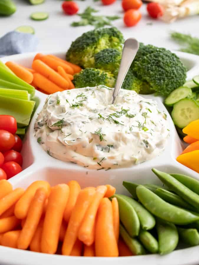 Creamy Spring Herb Dip Recipe with fresh vegetables for dipping.  Mother's Day Meal Ideas Appetizers.