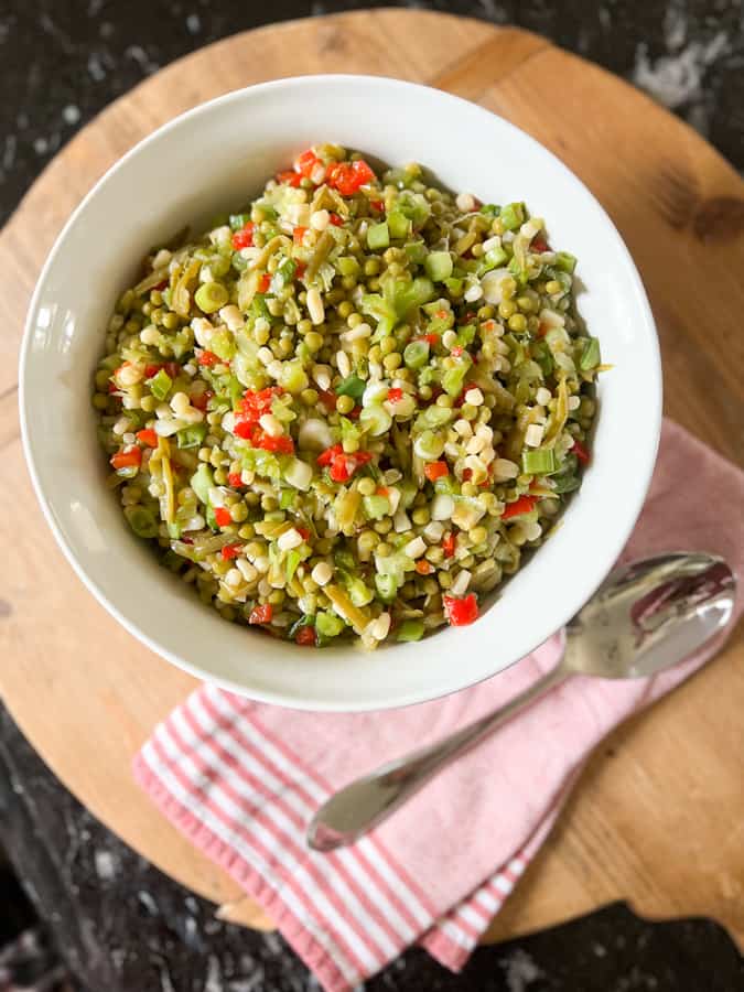 Marinated Shoepeg Corn & Veggie Salad is a great food idea for Mother's Day Luncheon.