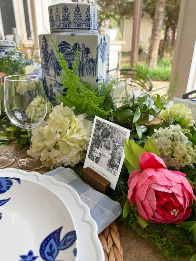 blue & white tablescape for Mother's Day idea at the monthly supper cub series..  