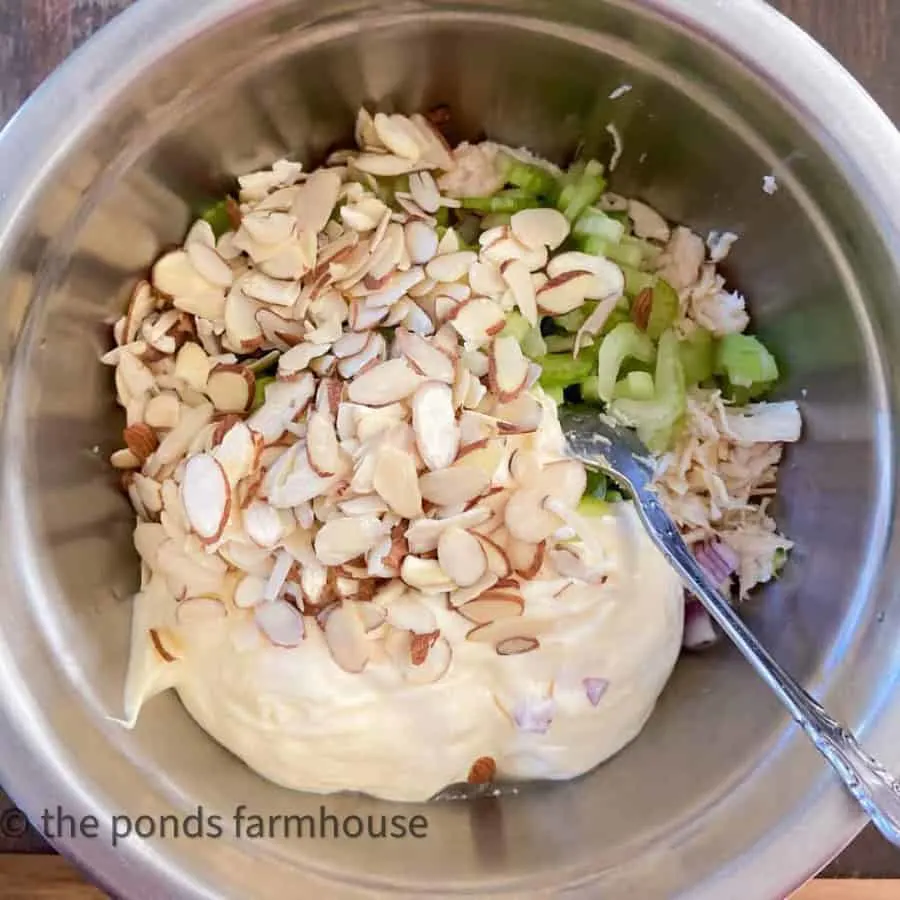 Mix all ingredients in mixing bowl for hot chicken salad recipe.