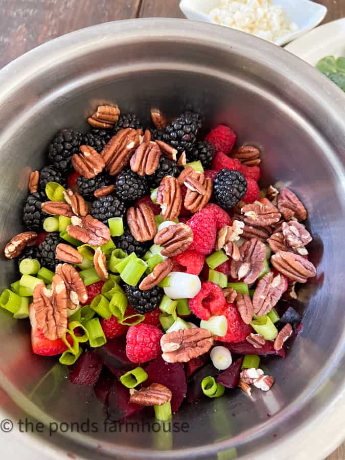 Beet Salad mixed with fresh fruits, onion, and pecans.