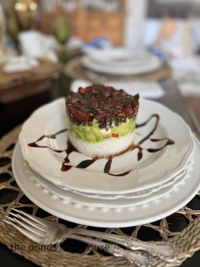 Poke Tuna Stack with balsamic glaze drizzle for a delicious recipe.