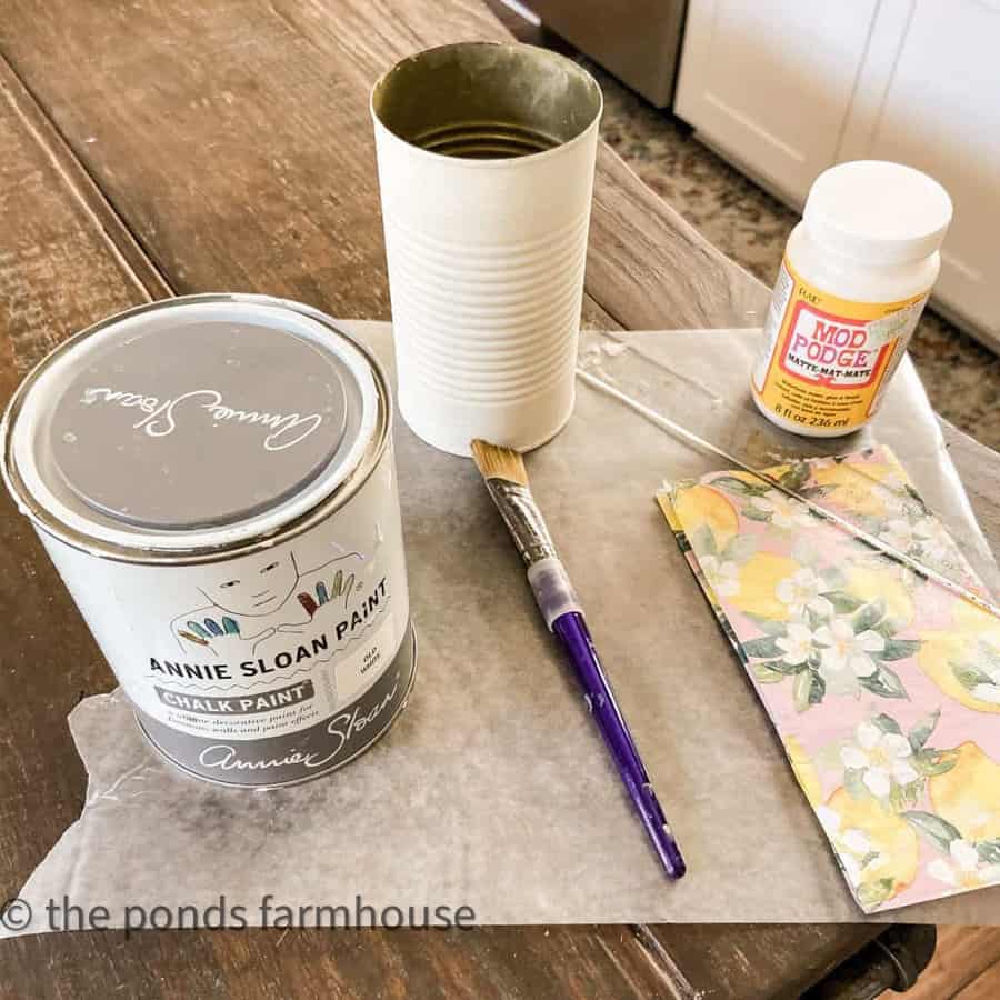 Supplies for Decoupage Tin Cans Centerpiece