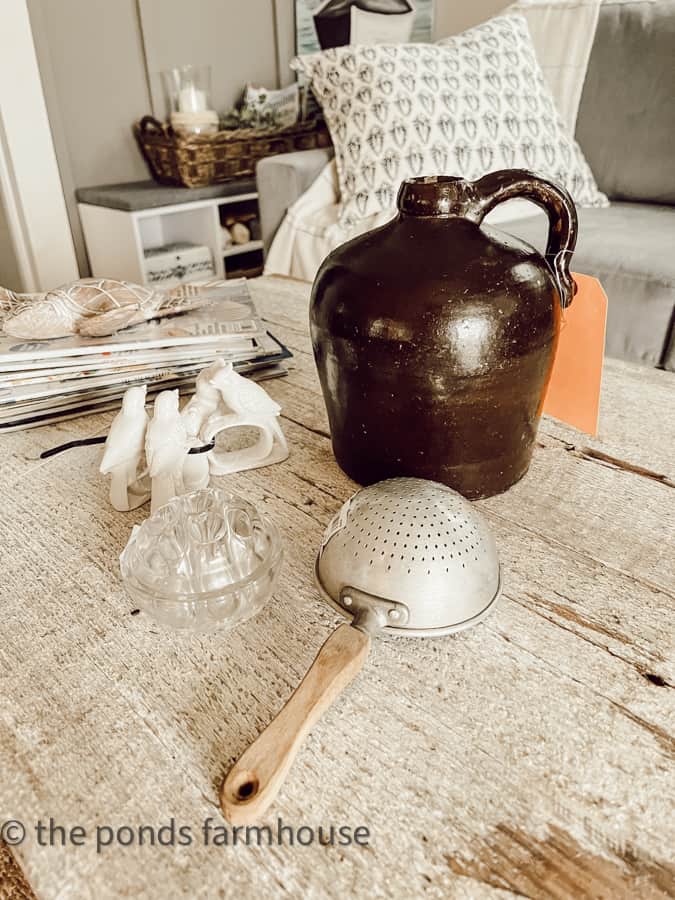 Vintage Thrift Store Finds.  Earthenware Stone Brown Jug, vintage strainer, glass flower frogs, bird napkin rings