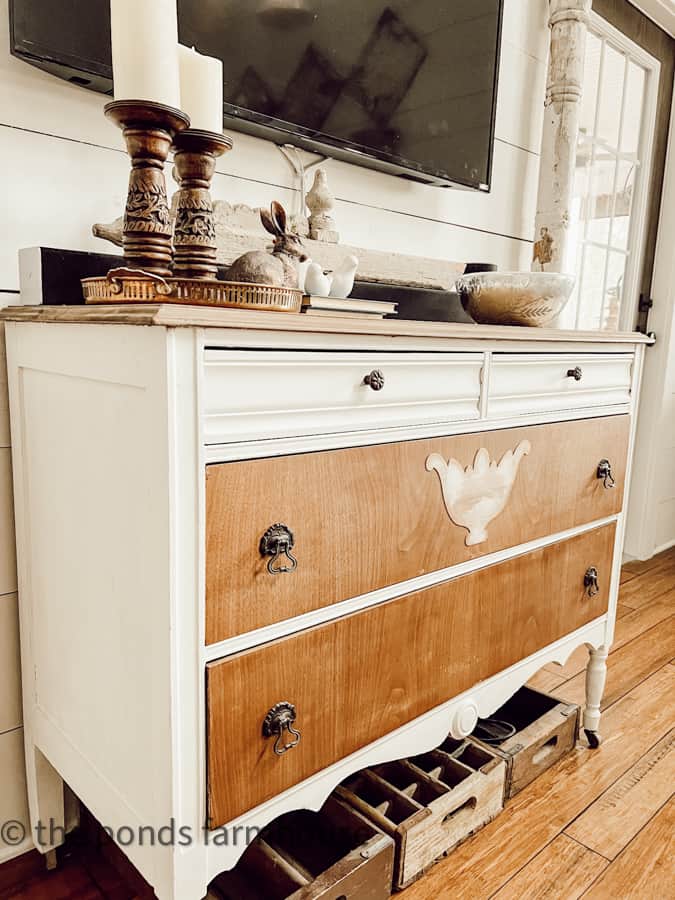 Antique Vs. Vintage Decor in modern farmhouse.  Dresser with woods and whites.  