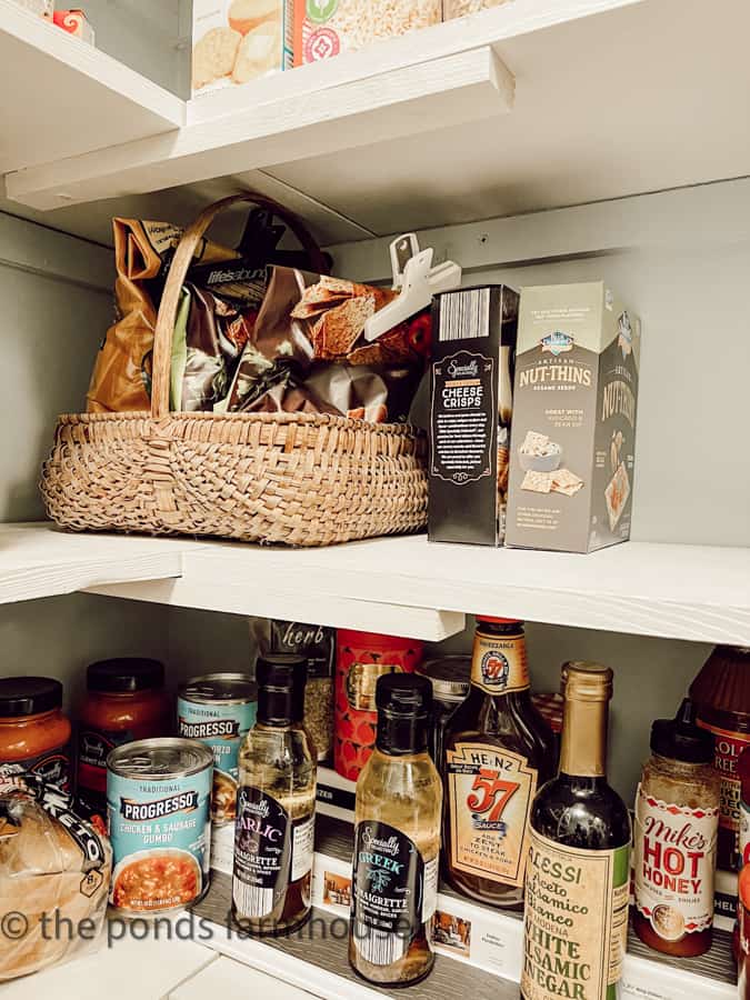 Use baskets to organize in your pantry. Hold snack together in an old basket