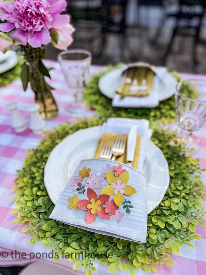 DIY Flower Pocket Cutlery Pockets for Silverware and napkins on Mother's Day Tablescape.