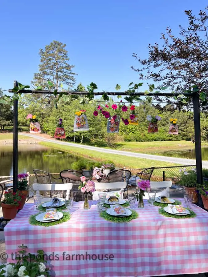 Alfresco dining for a Mother's Day Luncheon Ideas.  See DIY projects for budget friendly tablescape ideas.