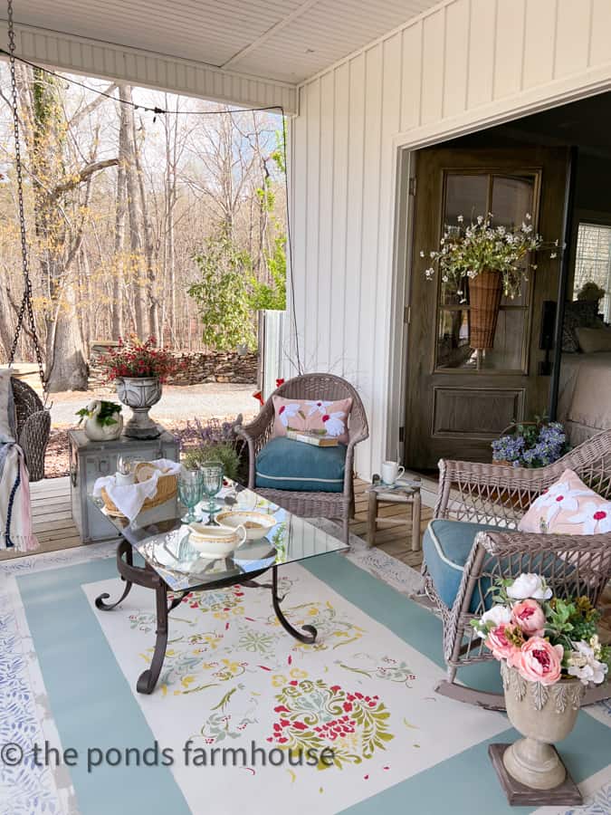 Sitting on a front porch ideas for budget friendly decorating and country chic farmhouse style.