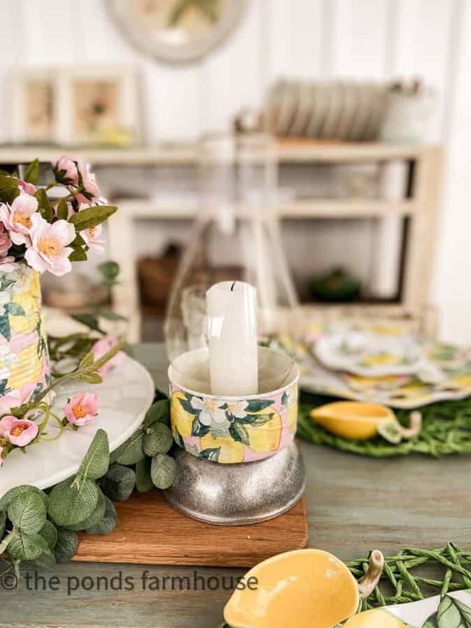 Napkin decoupage recycle tin cans for candleholders on Spring Table Centerpiece
