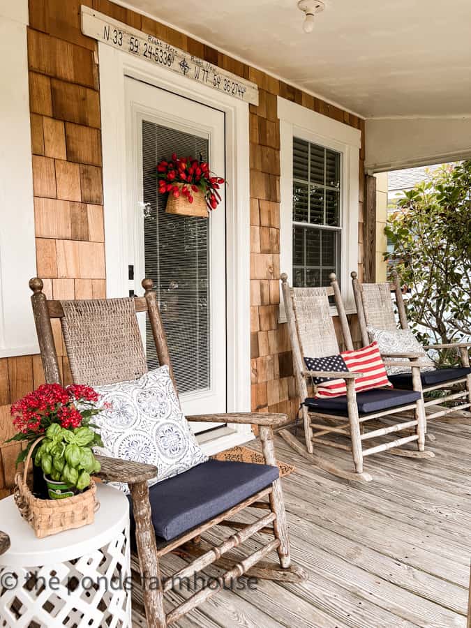 4th of July Decorating on Tiny House Front Porch. Patriotic pillow.
