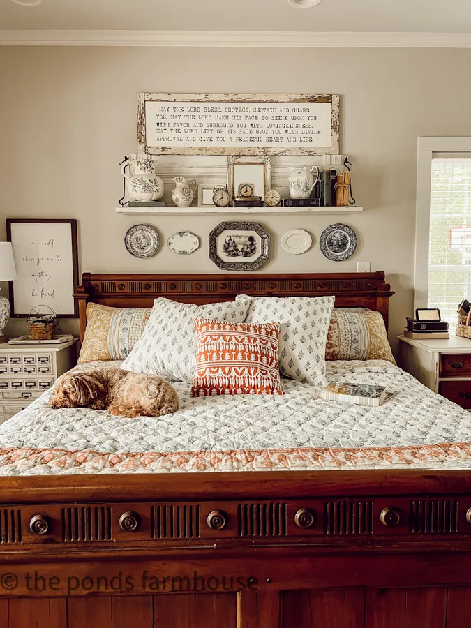 Vintage Bedroom Decor Ideas with new bedding and thrift store finds.  Budget friendly farmhouse style bedroom.