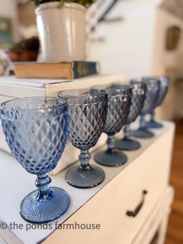 Blue cut glass water goblets found while thrifting with the gals in Southport.