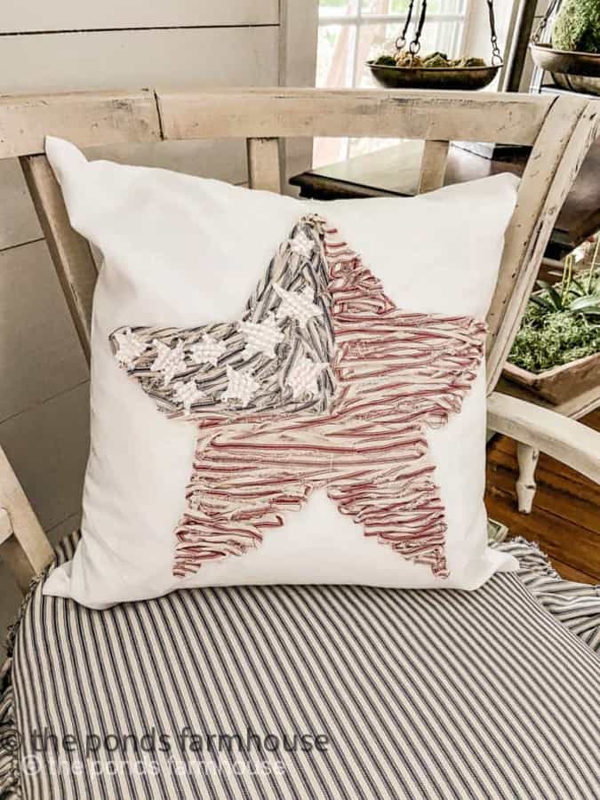 Make custom pillow covers by upcycling fabric scraps for a no-sew unique patriotic star pillow cover.