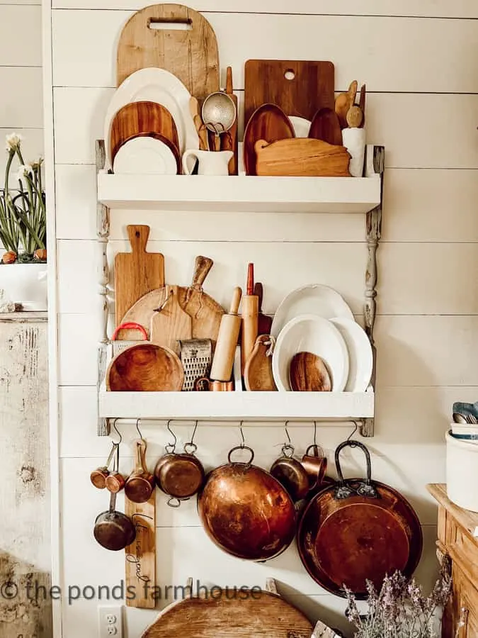 DIY Plate Rack is filled with vintage utensils and more for a modern farmhouse vintage kitchen decor.