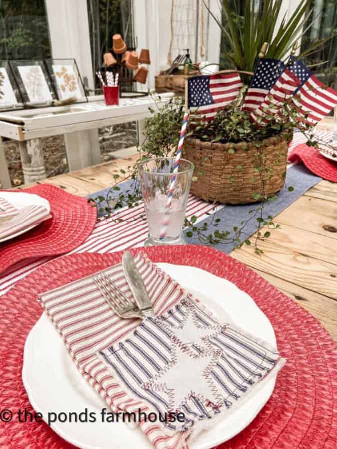 DIY Patriotic Napkins made from ticking fabric and drop cloth fabric for a 4th of JUly table in the Greenhouse.