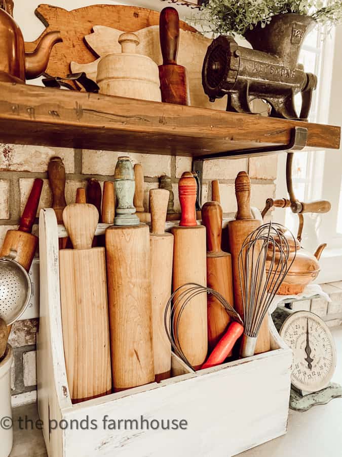 Decorating a modern farmhouse kitchen with vintage rolling pins