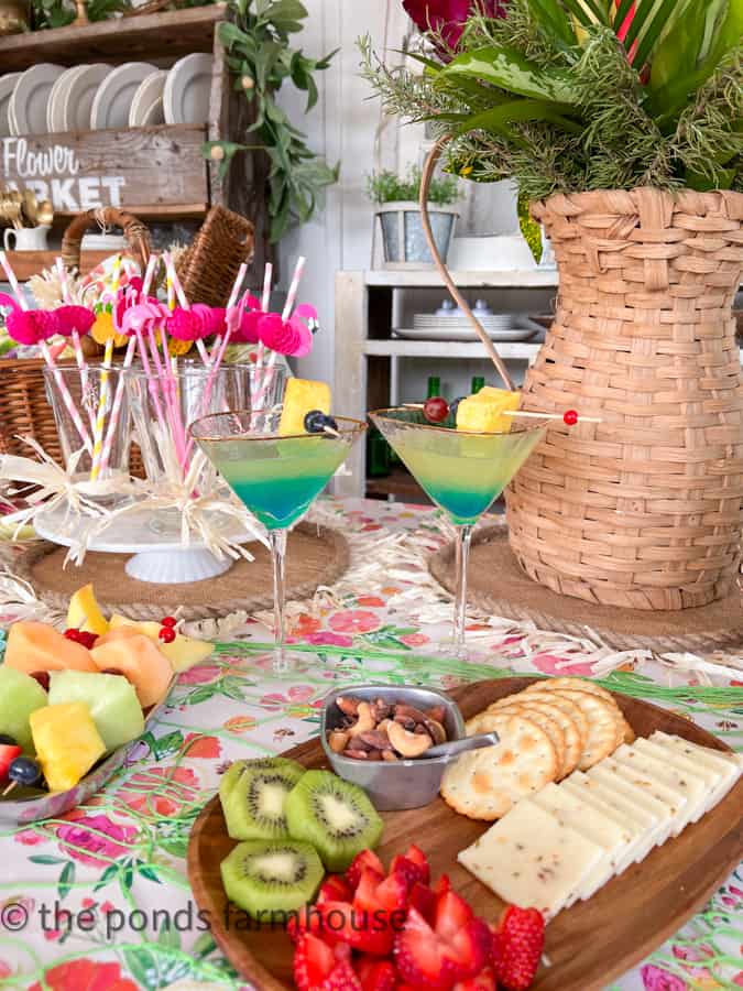 Hawaiian Party Ideas with pina colada martinis and charcuterie boards.