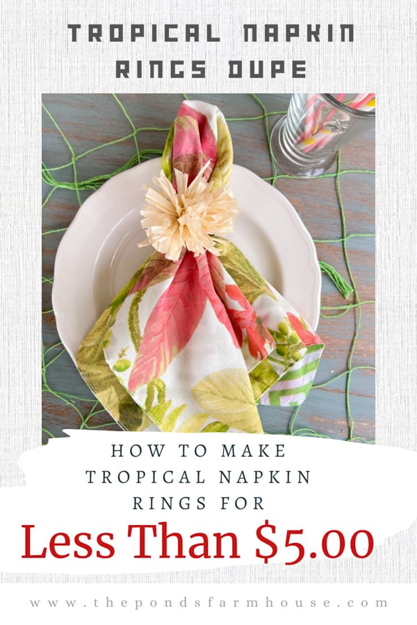 How To Make Tropical Napkin Rings Dupe for less than $5.00 with thrifted napkin rings and a recycled grass skirt. 
