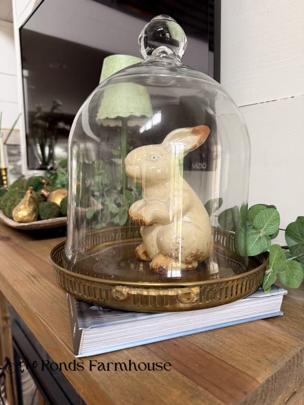 Glass Cloche with bunny on mantel