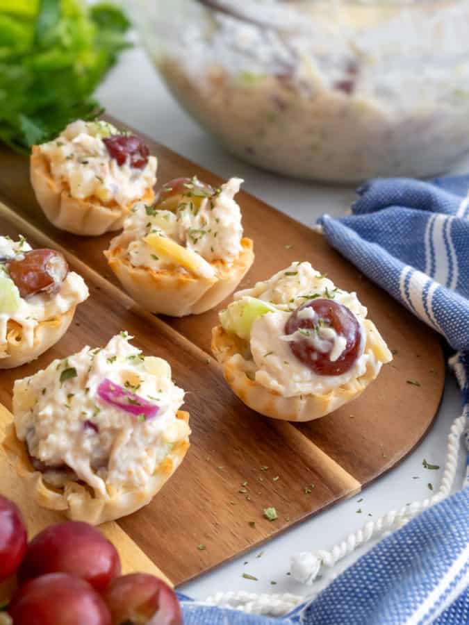 A main dish appetizer is mini phyllo cups filled with pineapple chicken salad. Easy Appetizers Recipes